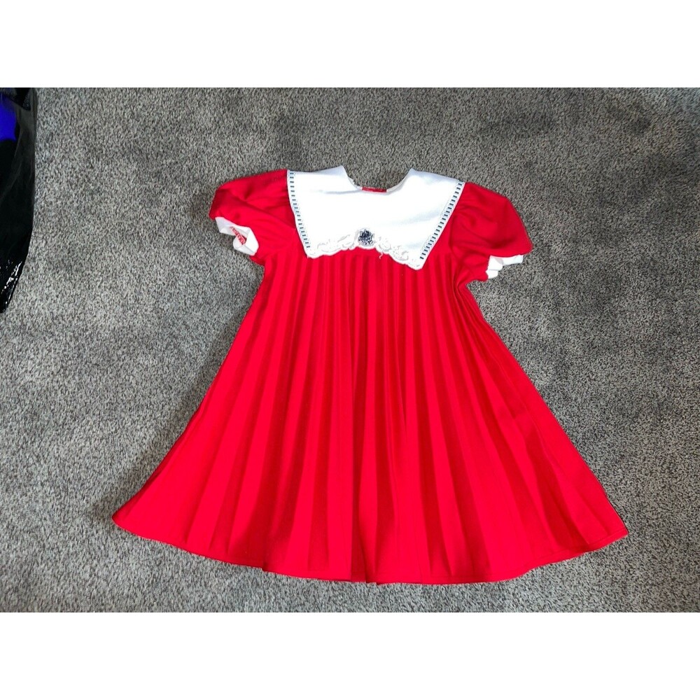 Girls 6 Red Pleated Dress White Sailor Collar Holiday